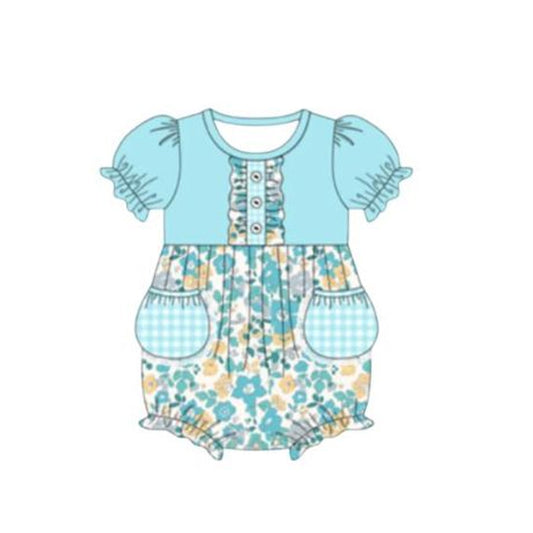 (Pre-order)SR3936 Flowers Blue Print Pockets Baby Girls Summer Romper