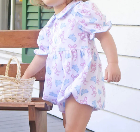 (Pre-order)SR3938 Bunny Bows Print Baby Girls Easter Romper