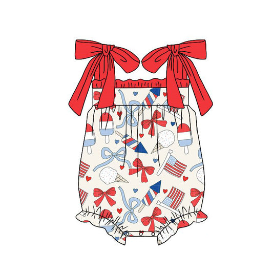 (Pre-order)SR4028 Flag Bows Print Baby Girls 4th of July Romper