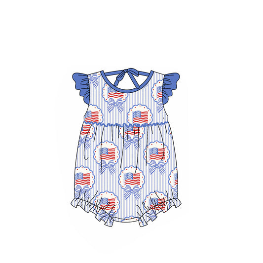 (Pre-order)SR4029 Flag Bows Stripes Print Baby Girls 4th of July Romper