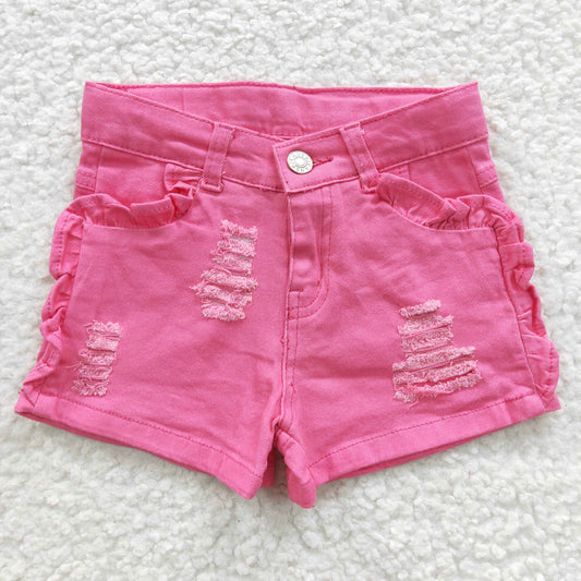 SS0013 Girls hot pink ruffle denim summer shorts