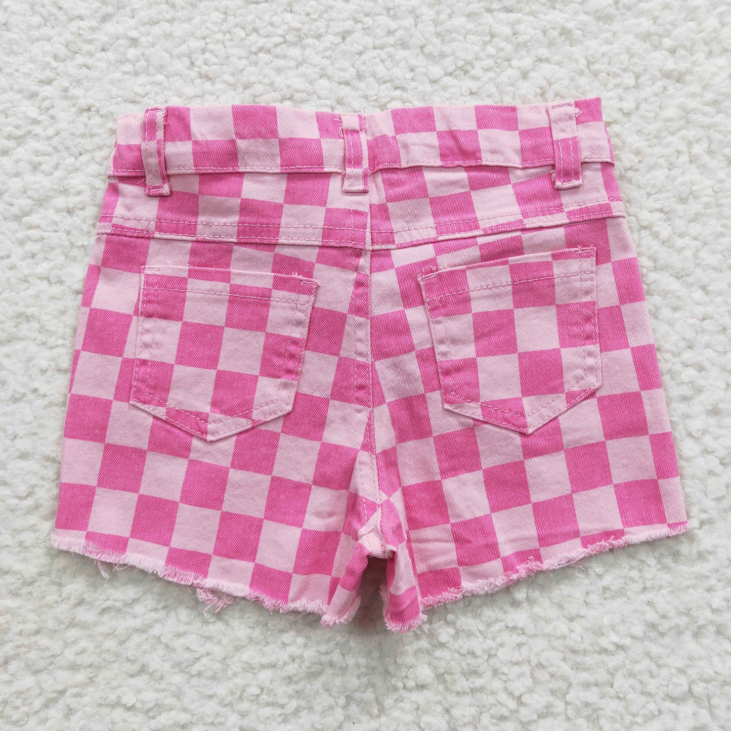 SS0092 Girls pink plaid hole denim summer shorts