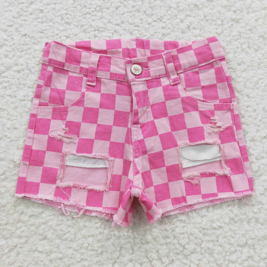 SS0092 Girls pink plaid hole denim summer shorts