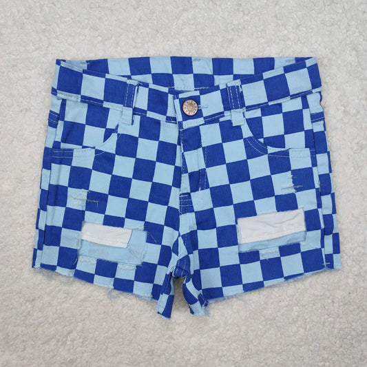 SS0093 Kids blue plaid denim summer shorts