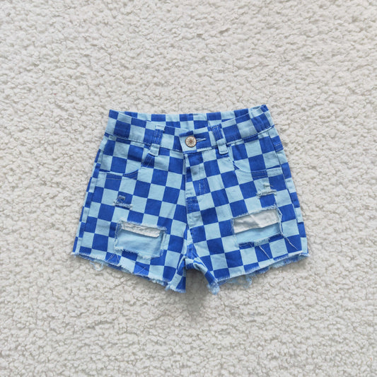SS0093 Kids blue plaid denim summer shorts