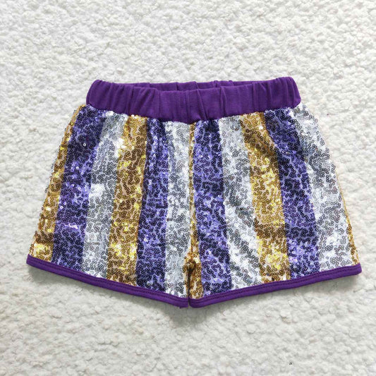 SS0115 Girls purple golden stripes sequin shorts