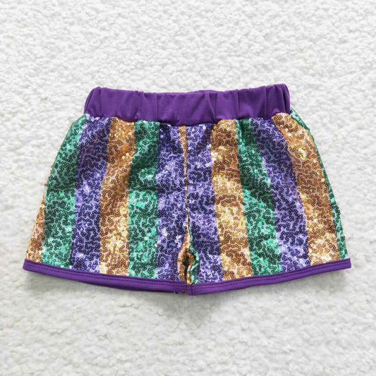SS0116 Girls green golden and purple stripes sequin shorts