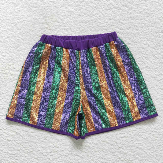SS0119 Adult green golden stripes sequin shorts