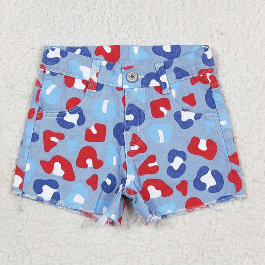 SS0166 Blue Red Leopard Denim 4th of July Jeans Girls Shorts
