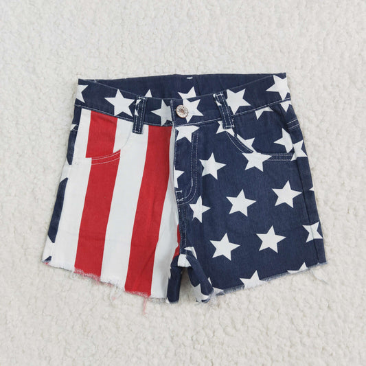 SS0168 Blue Star Red Stripes Denim 4th of July Jeans Girls Shorts