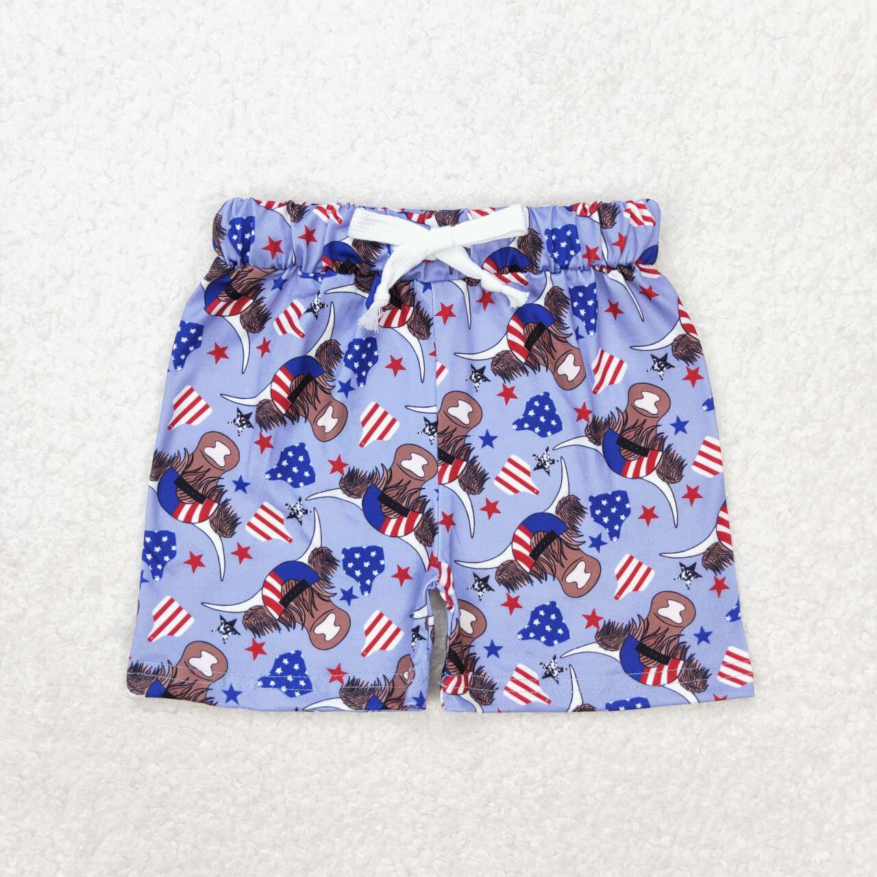 SS0204 Highland Cow Tags Print Boys 4th of July Shorts