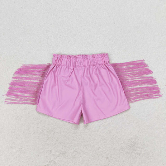 SS0222  Pink Leather Tassel Girls Summer Shorts