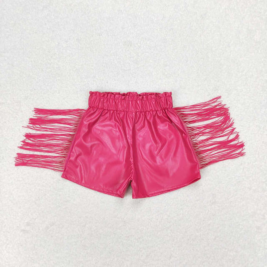 SS0223  Hot Pink Leather Tassel Girls Summer Shorts