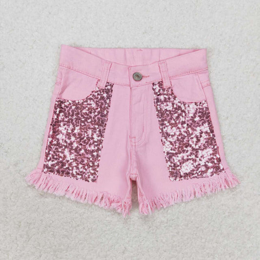 SS0230 Pink Denim Sequins Jeans Girls Summer Shorts