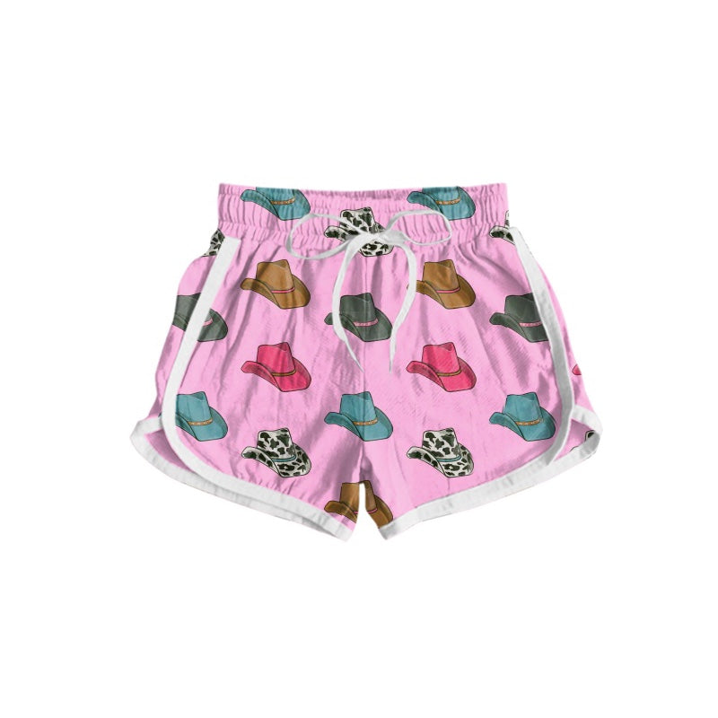 (Pre-order)SS0244 Adult Pink Cowboy Hat Print Woman Summer Western Shorts