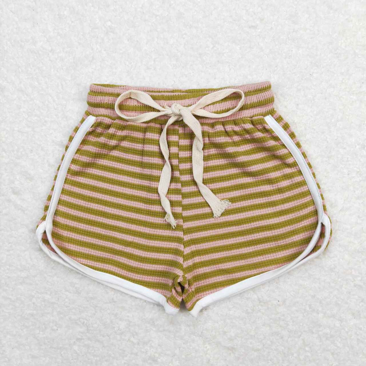 SS0321 Girls Pink Green Stripes Summer Cotton Sport Shorts