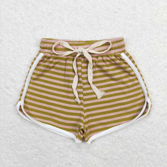 SS0321 Girls Pink Green Stripes Summer Cotton Sport Shorts