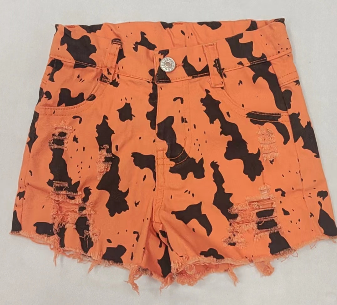 (Pre-order)SS0333 Orange Black Cow Denim Summer Jeans Girls Western Shorts