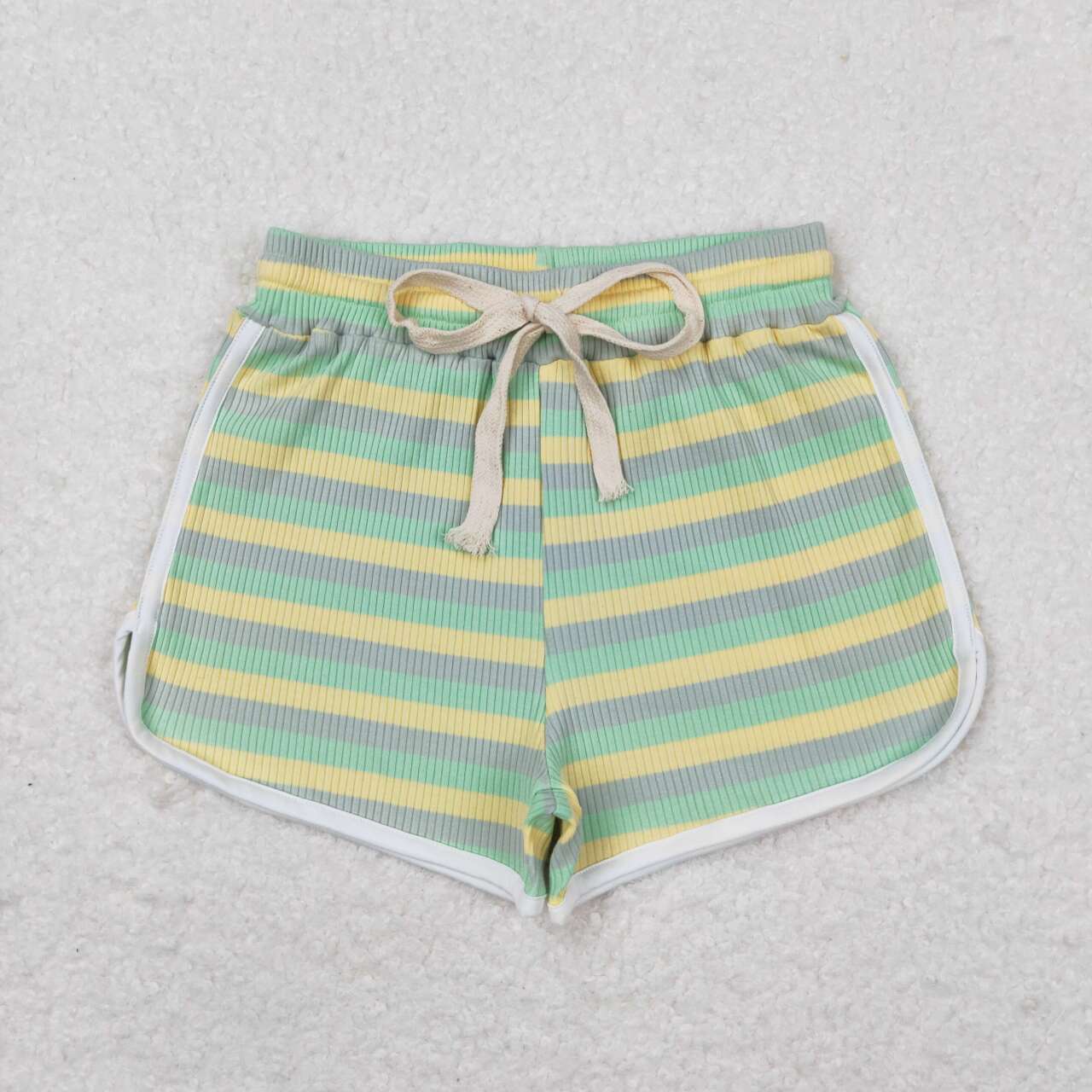 SS0341 Green Yellow Grey Stripes Girls Summer Cotton Sport Shorts