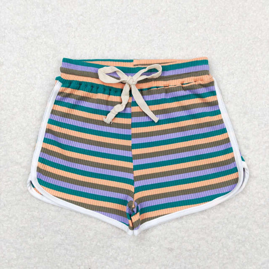 SS0345 Brown Purple Green Stripes Girls Summer Cotton Sport Shorts