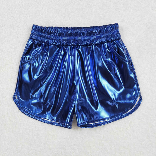 SS0409  Blue Pocket Pleather Elastic Girls Summer Bottom Shorts