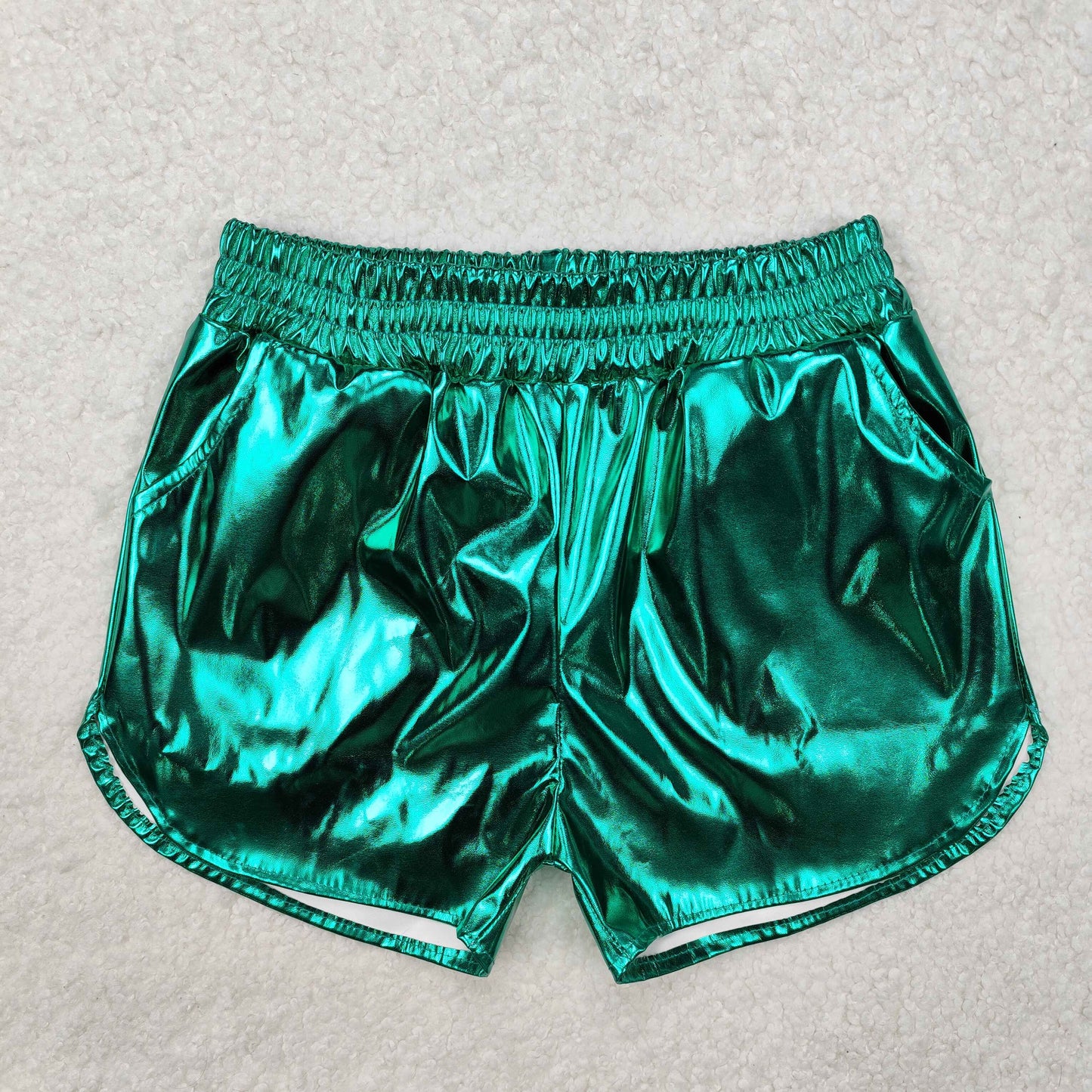 SS0410  Green Pocket Pleather Elastic Girls Summer Bottom Shorts