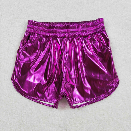 SS0412 Purple Pocket Pleather Elastic Girls Summer Bottom Shorts