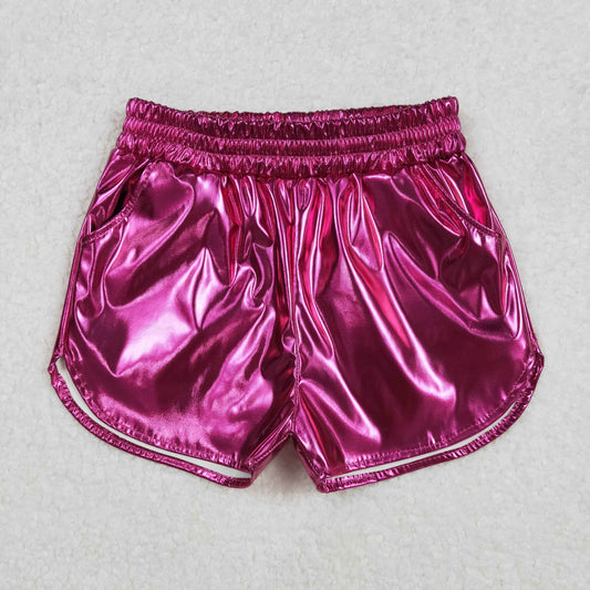 SS0414 Hotpink Pocket Pleather Elastic Girls Summer Bottom Shorts