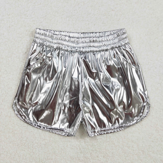 SS0416 Silver Pocket Pleather Elastic Girls Summer Bottom Shorts