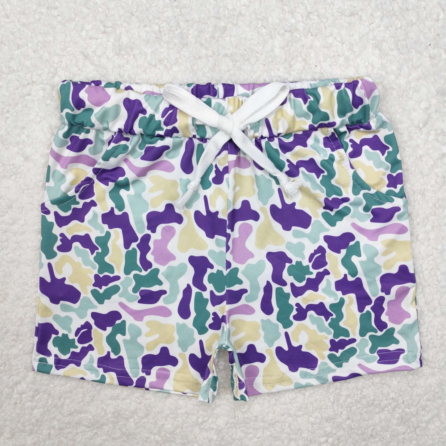 SS0433  Yellow Purple Green Camo Print Kids Mardi Gras Bottom Shorts