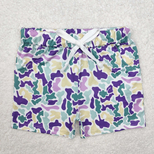 SS0433  Yellow Purple Green Camo Print Kids Mardi Gras Bottom Shorts