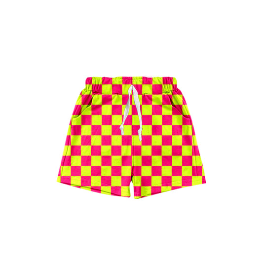 (Pre-order)SS0439  Hot Pink Yellow Plaid Print Kids Summer Bottom Shorts
