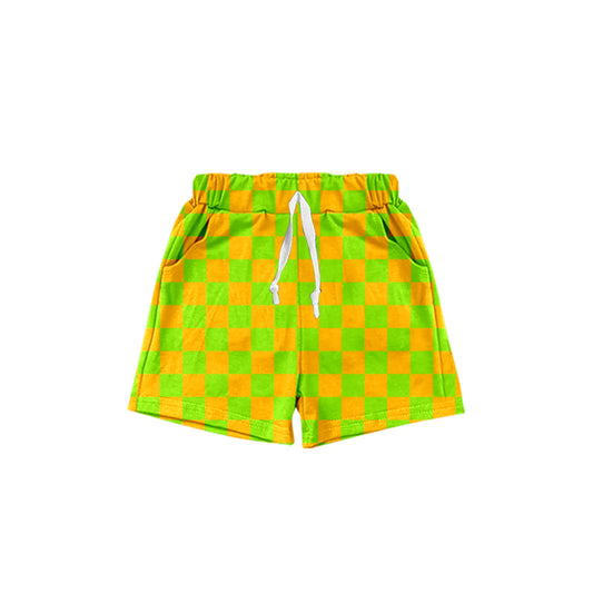 (Pre-order)SS0441  Yellow Green Plaid Print Kids Summer Bottom Shorts