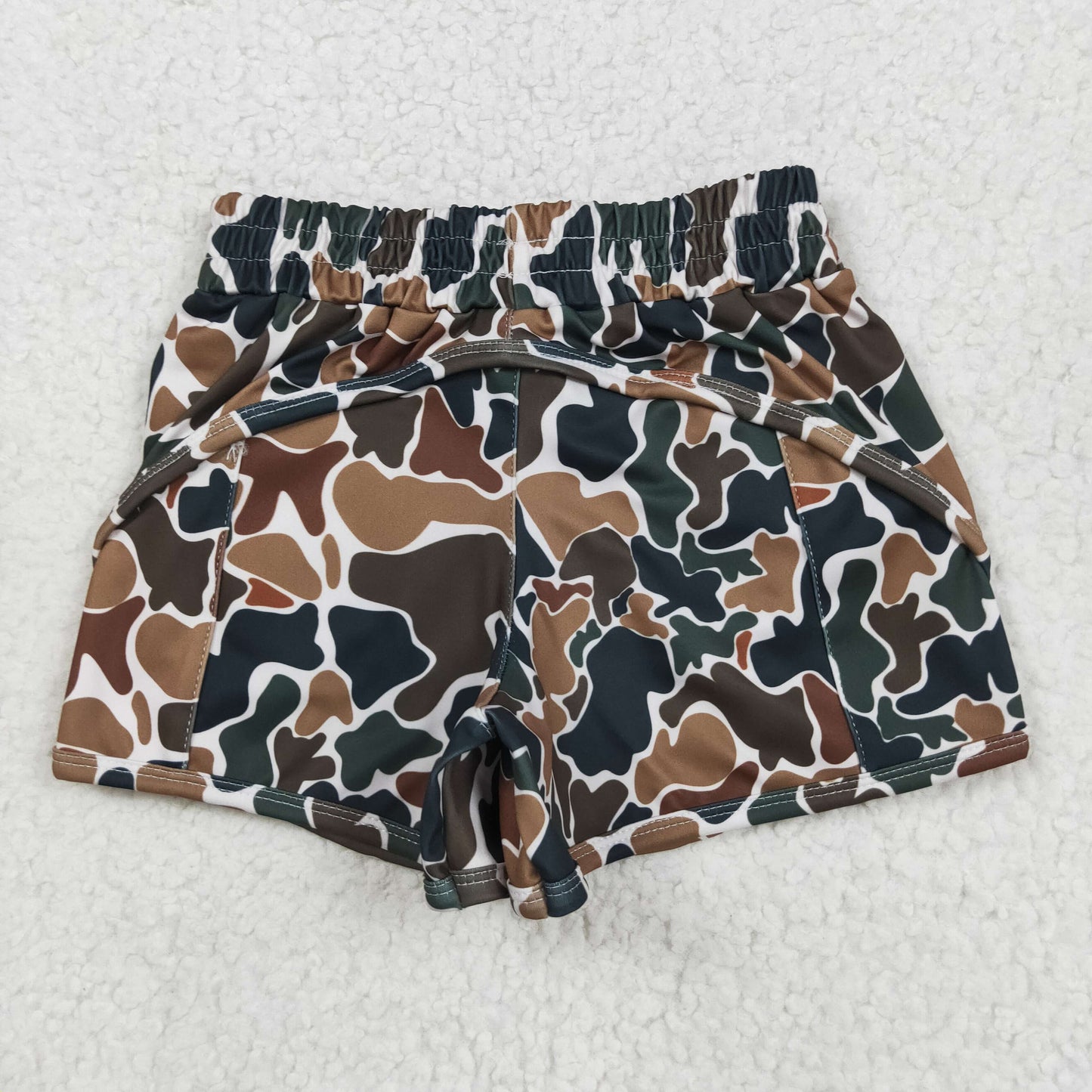 Brown Camo Print Mom and Me Summer Zipper Pockets Bottom Yoga Shorts