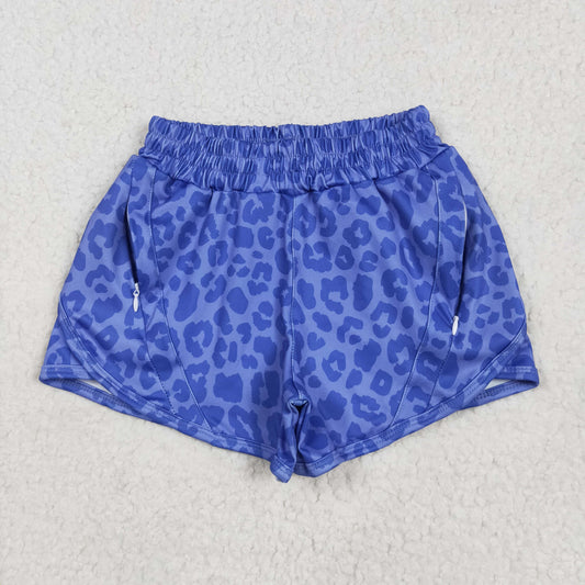 SS0466 Blue Leopard Print Zipper Pockets Girls Summer Bottom Yoga Shorts