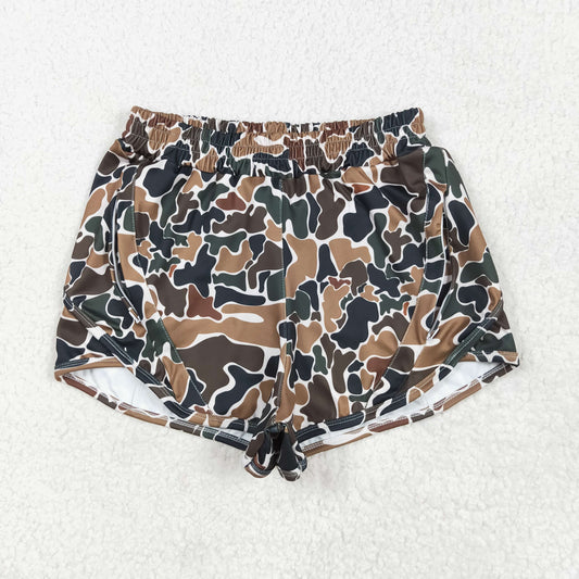 SS0469 Adult Brown Camo Print Zipper Pockets Woman Summer Bottom Yoga Shorts