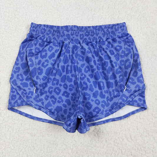 SS0470 Adult Blue Leopard Print Woman Summer Zipper Bottom Yoga Shorts