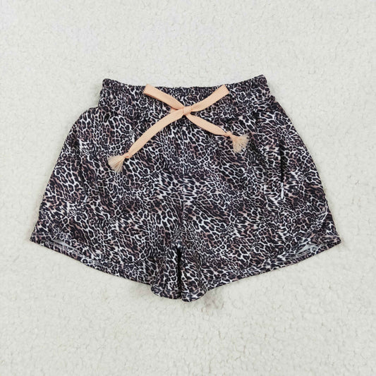 SS0480 Brown Small Leopard Print Zip Pockets Kids Summer Bottom Yoga Shorts