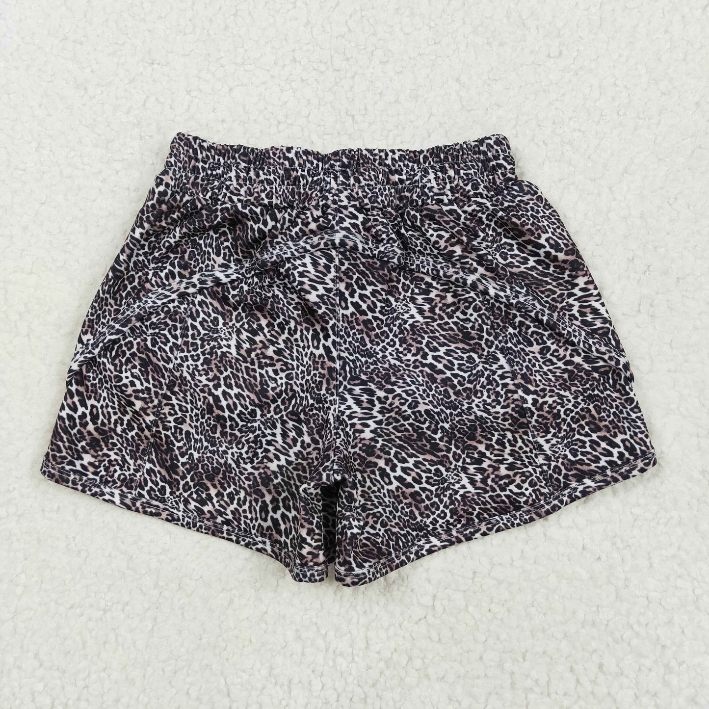 SS0480 Brown Small Leopard Print Zip Pockets Kids Summer Bottom Yoga Shorts