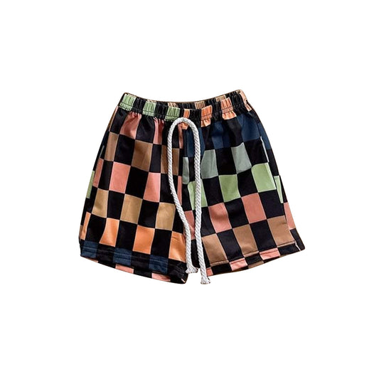 (Pre-order)SS0517 Orange Black Plaid Print Boys Summer Bottom Shorts