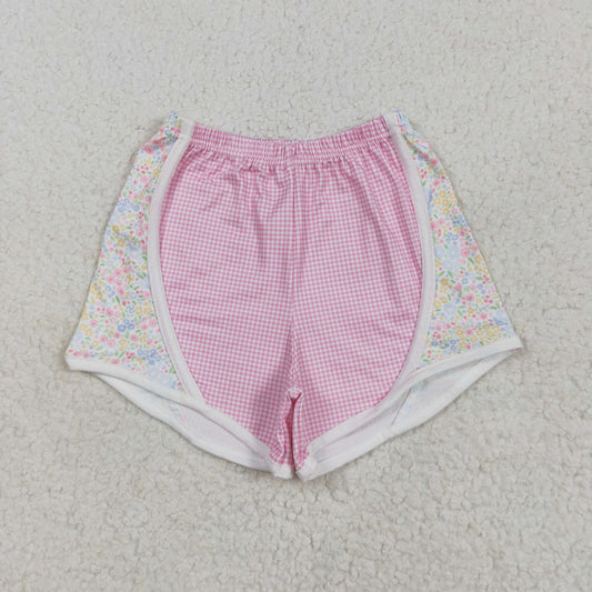 SS0518 Colorful Flowers Pink Plaid Print Girls Summer Bottom Shorts