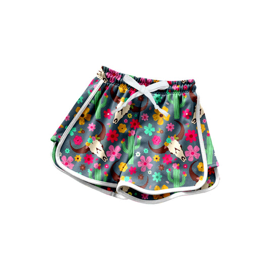 (Pre-order)SS0606 Colorful Flowers Cow Skull Western Print Girls Summer Bottom Shorts