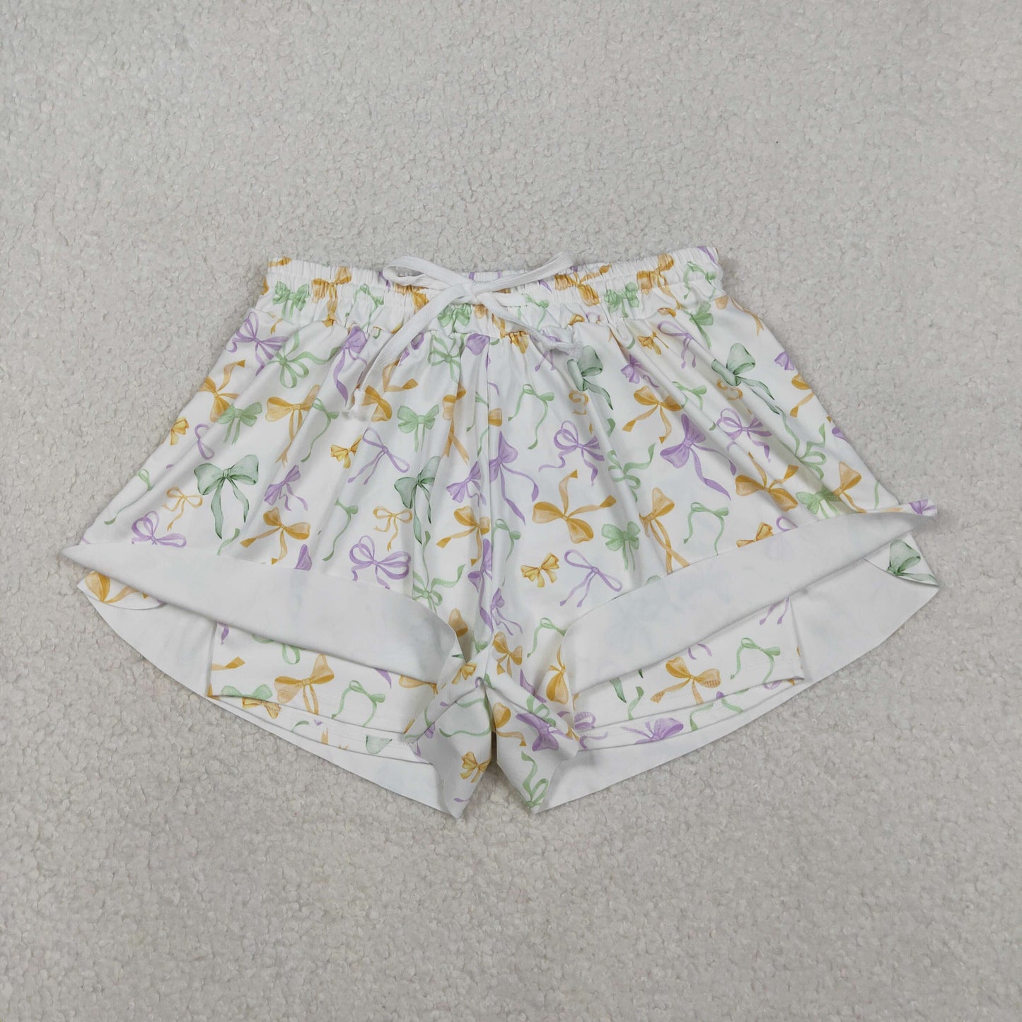 SS0679 Adult Colorful Bows Print Woman Mardi Gras Bottom Flutter Yoga Shorts