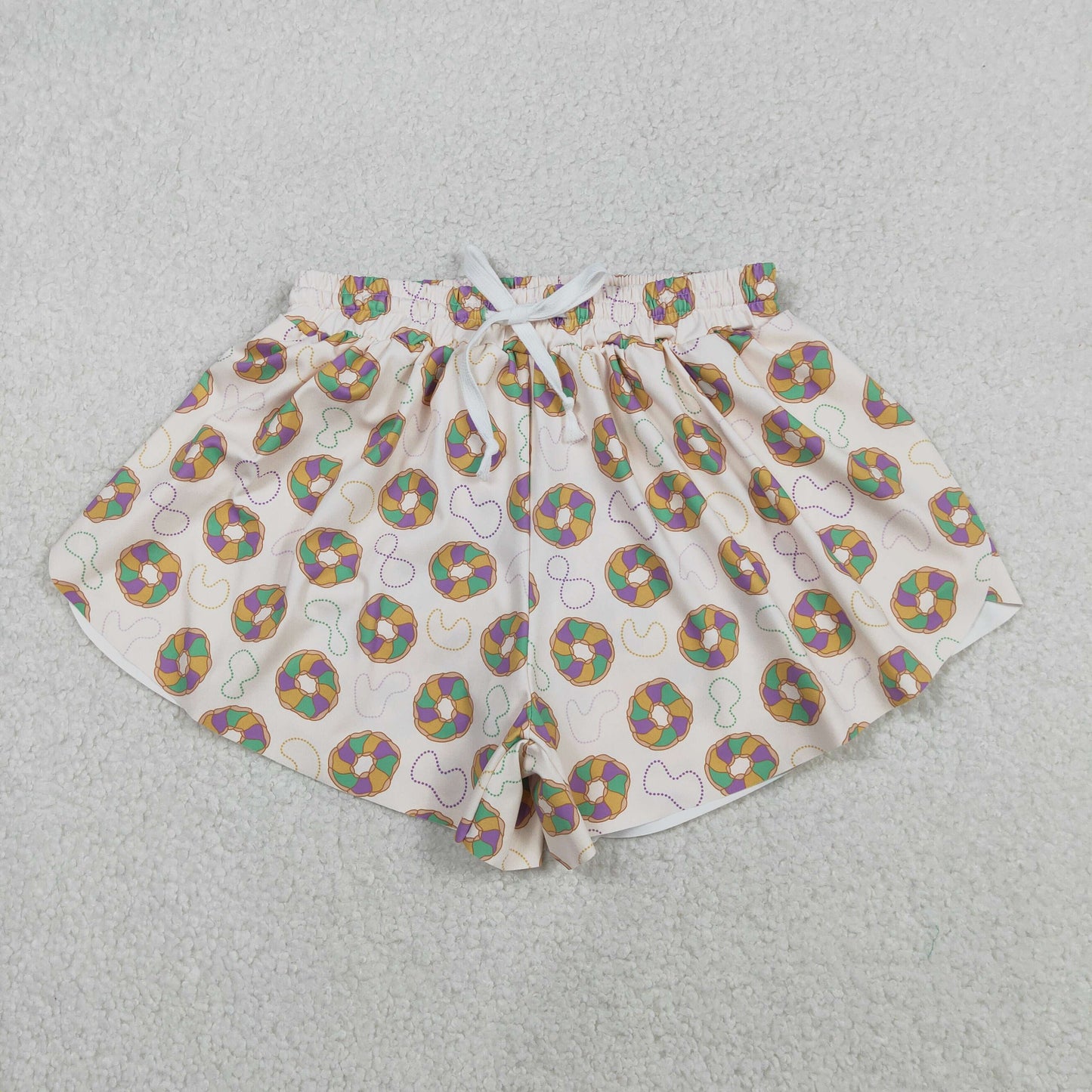 SS0680 Adult Donut Print Woman Mardi Gras Bottom Flutter Yoga Shorts