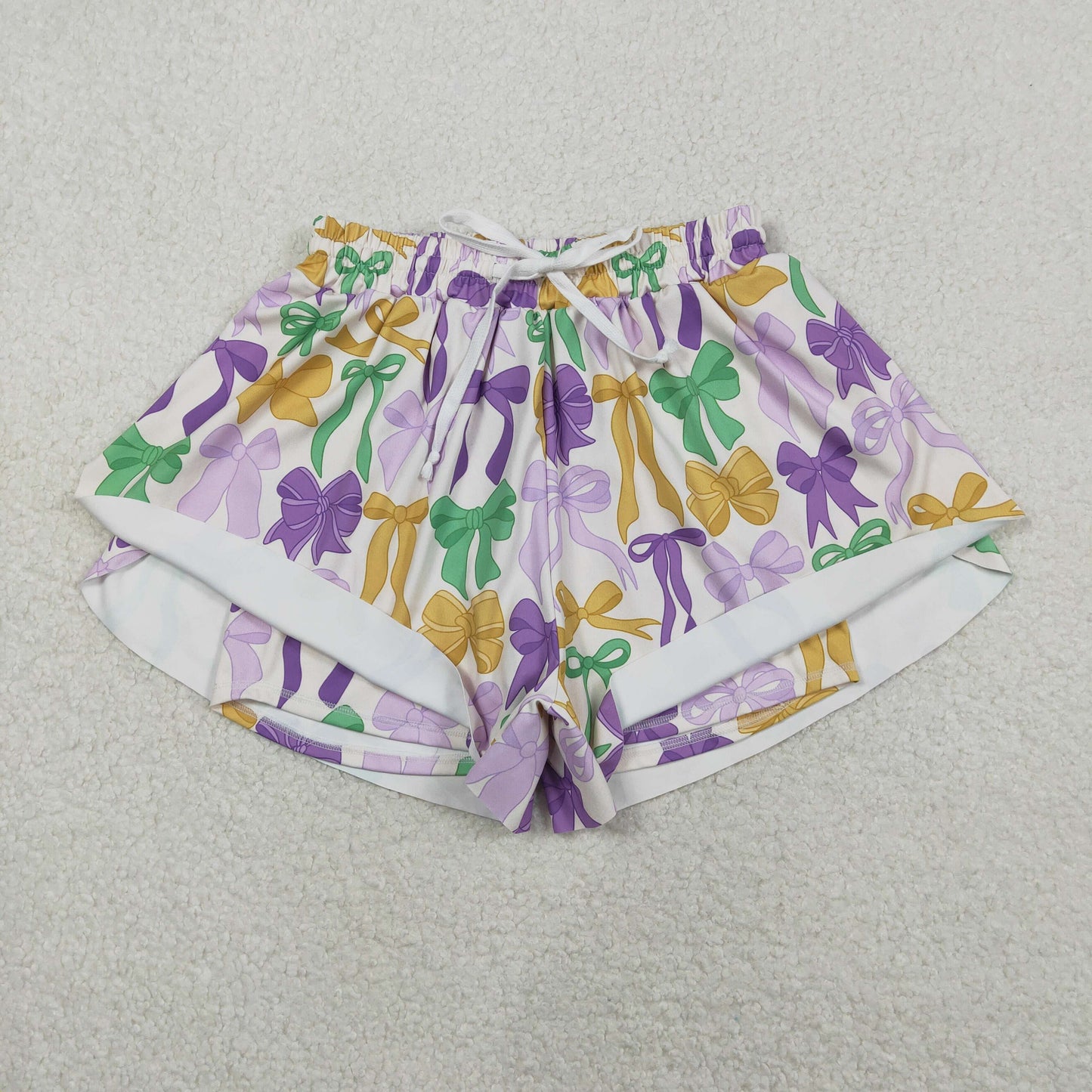 Colorful Bows Print Mom and Me Mardi Gras Bottom Flutter Yoga Shorts