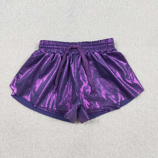 SS0686 Purple Pleather Elastic Girls Mardi Gras Bottom Flutter Shorts