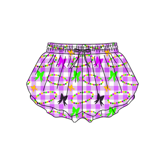 (Pre-order)SS0704 Bows Plaid Girls Mardi Gras Bottom Flutter Yoga Shorts