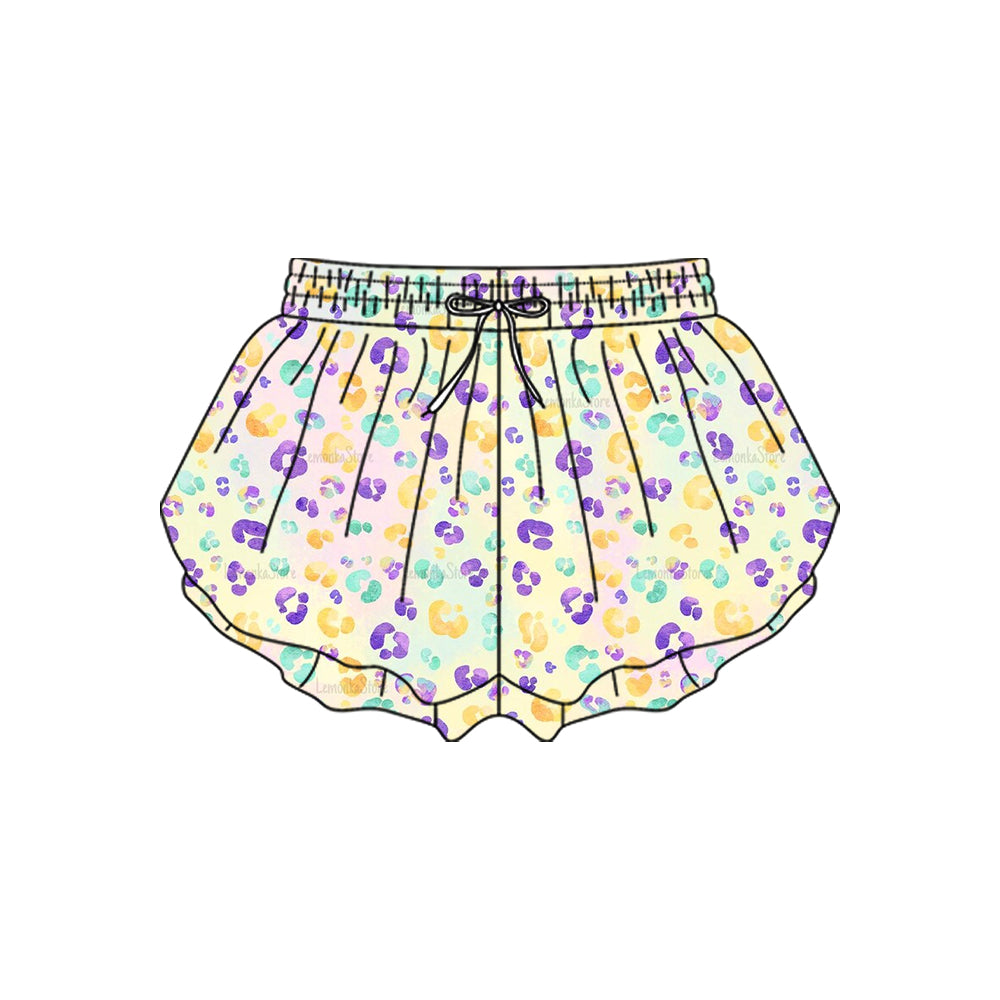 (Pre-order)SS0707 Colorful Leopard Girls Mardi Gras Bottom Flutter Yoga Shorts