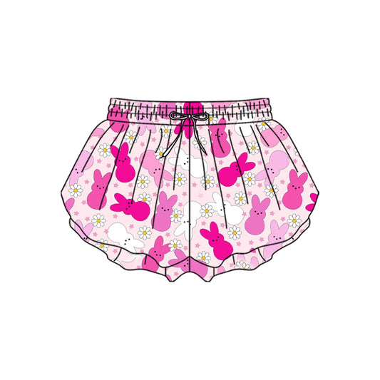 (Pre-order)SS0714 Hot Pink Bunny Flowers Girls Easter Bottom Flutter Yoga Shorts