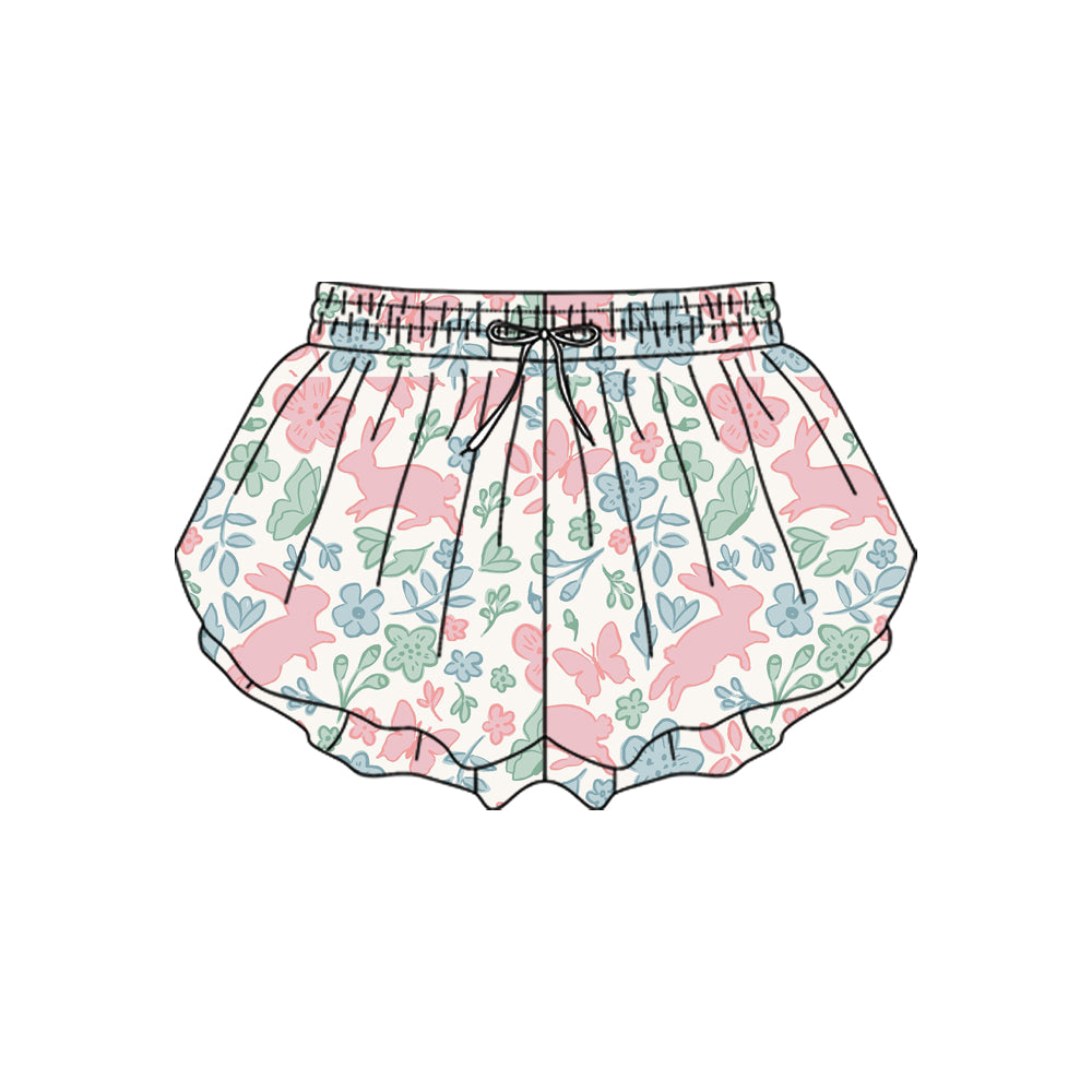 (Pre-order)SS0718 Pink Bunny Flowers Girls Easter Bottom Flutter Yoga Shorts